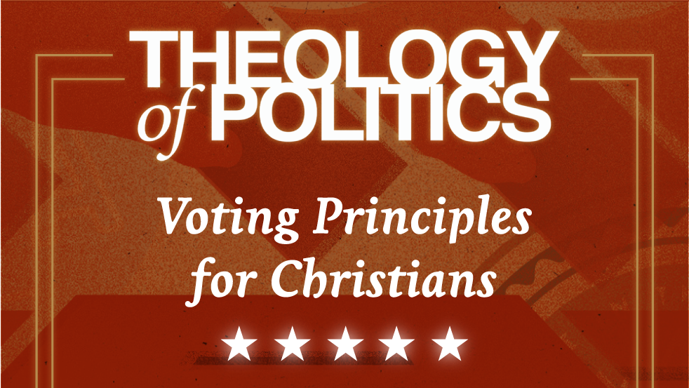Red and gold Theology of Politics graphic titled Voting Principles for Christians with five white stars below the text.