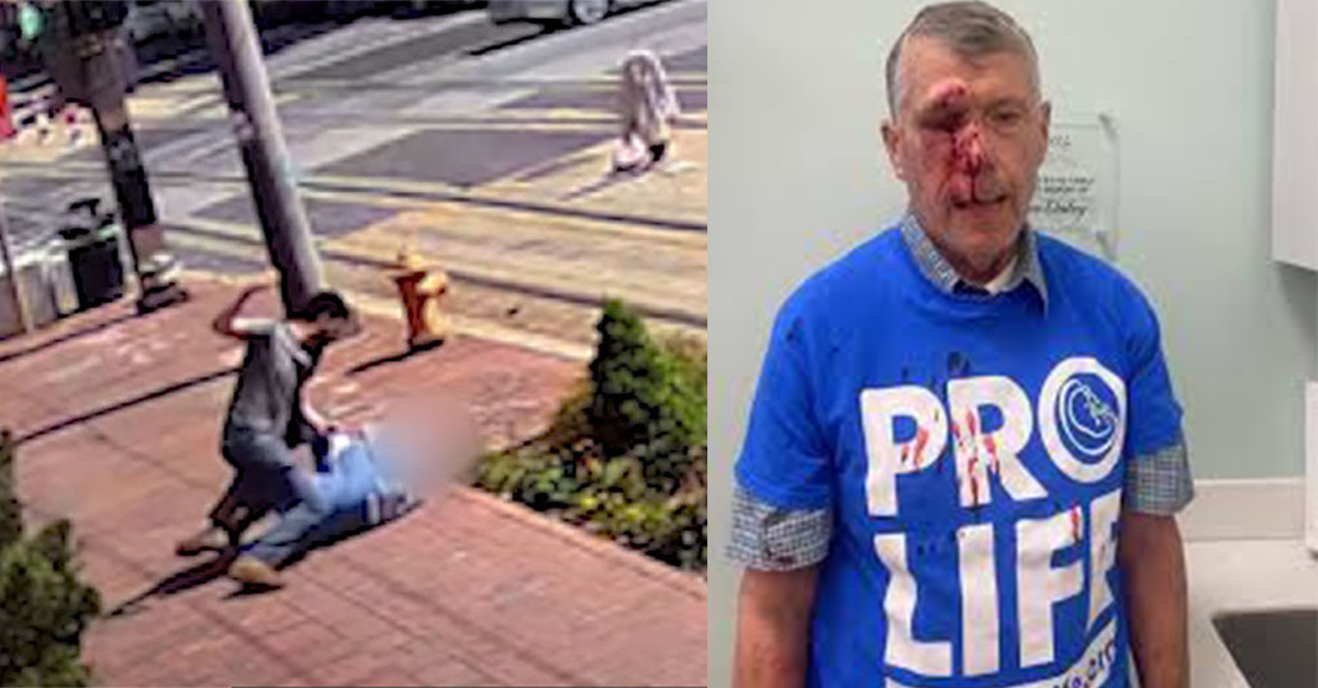 (Left) Patrick Brice was captured on video viciously punching elderly pro-lifer Mark Crosby on the street; and (right) Crosby is seen in his "Pro-Life" t-shirt after the attack, with his eye and nose bleeding profusely.
