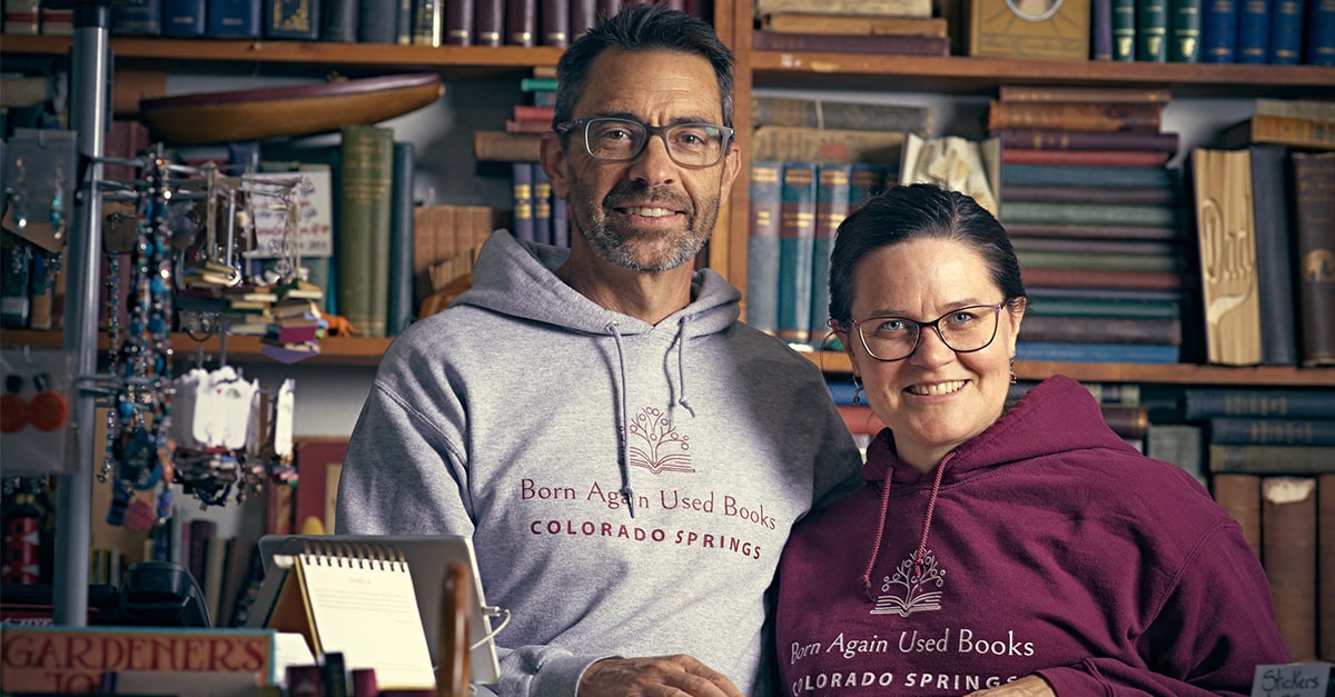 Eric and Sara Smith, owners of Born Again Used Books in Colorado Springs, Colorado