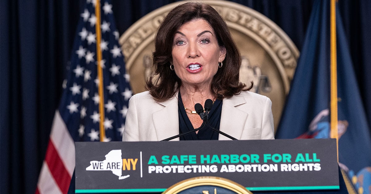 New York Gov. Kathy Hochul takes press questions regarding abortion rights in July 2022 shortly after the Supreme Court overturned Roe v. Wade in July 2022.