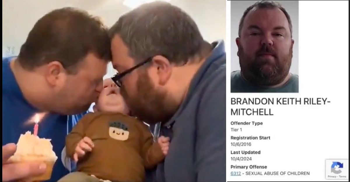 Brandon Mitchell with his partner and the baby they obtained through surrogacy and Mitchell's mug shot after being arrested and convicted for sex crimes against a child.