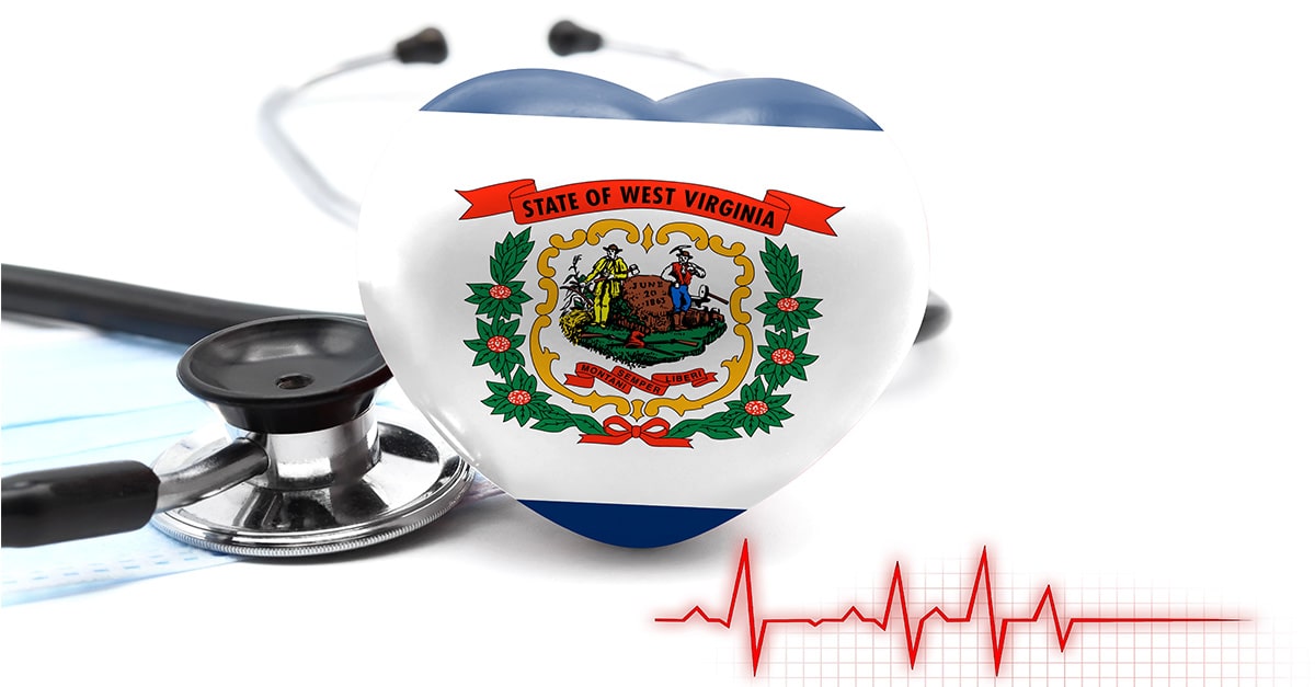 West Virginia flag and monitor lines indicating strong heartbeat and life