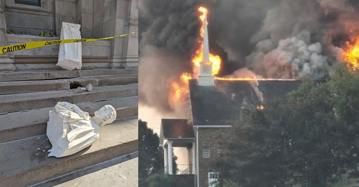 (Left) A destroyed statue lies on the ground in front of a Catholic Church in Indianapolis, and (right) a Christian church in Athens, Tennessee, burns after an arson attack.