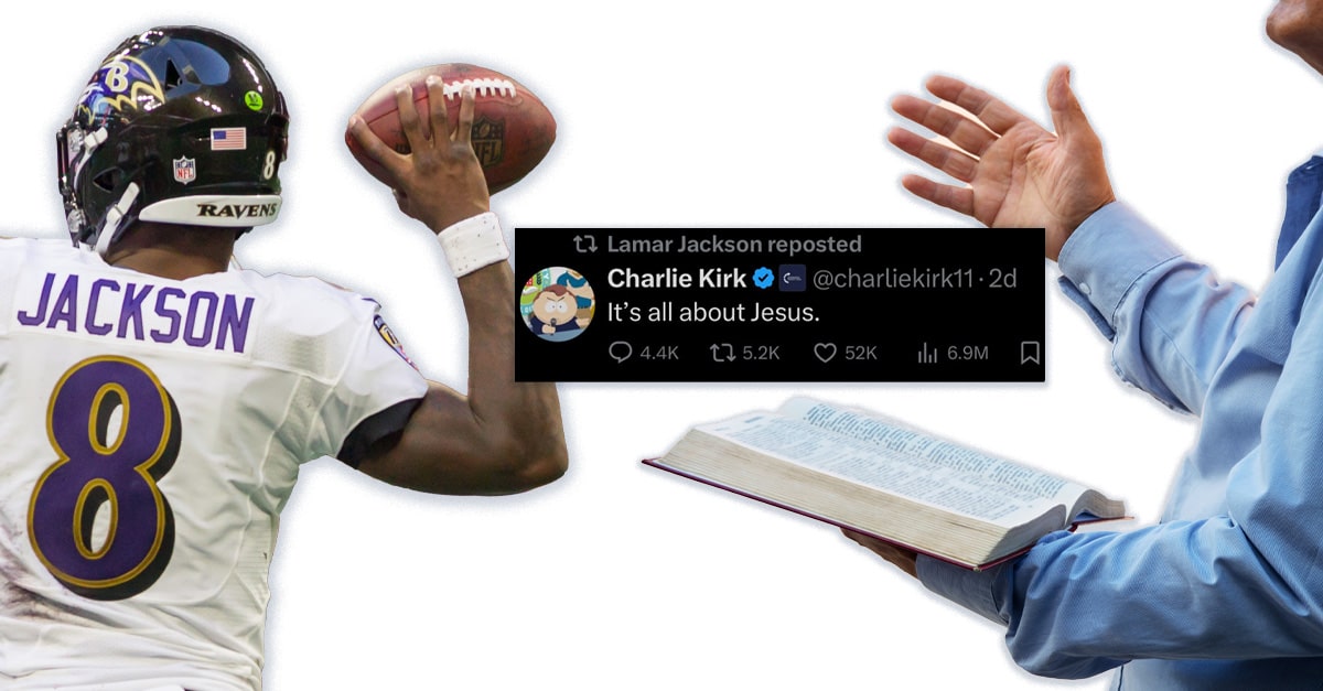 (Left) Baltimore Ravens quarterback Lamar Jackson; (center) the retweet of the message "It's all about Jesus; and (right) a pastor preaching from the Bible.