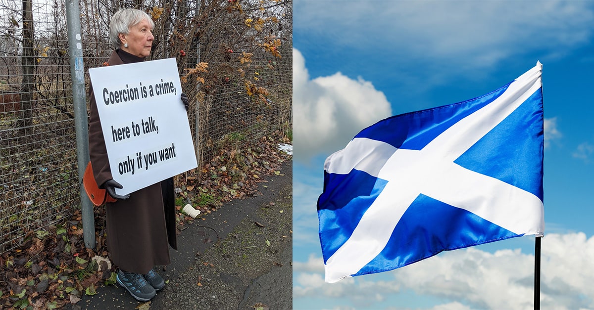Photo of 75-year-old Scottish grandmother Rose Docherty holding a sign offering to talk (left) and a photo of the Scottish flag (right.