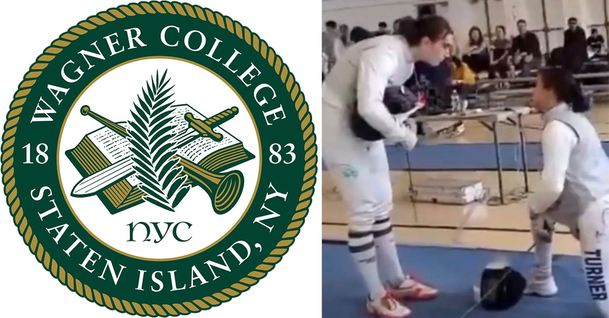 Wagner College logo and screenshot of video of female fencer Stephanie Wagner taking a knee to protest competing against male fencer Redmond Sullivan.