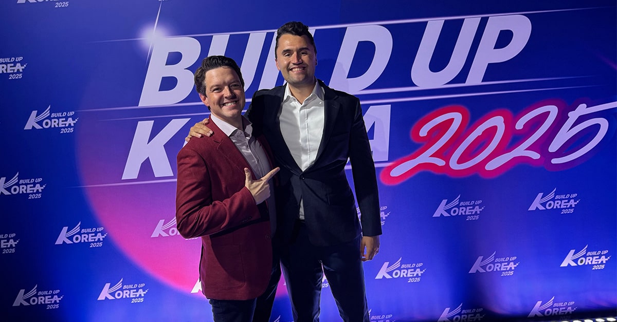 Charlie Kirk with Ryan Helfenbein, executive director of the Standing for Freedom Center, at Build Up Korea 2025 in Seoul in early September.