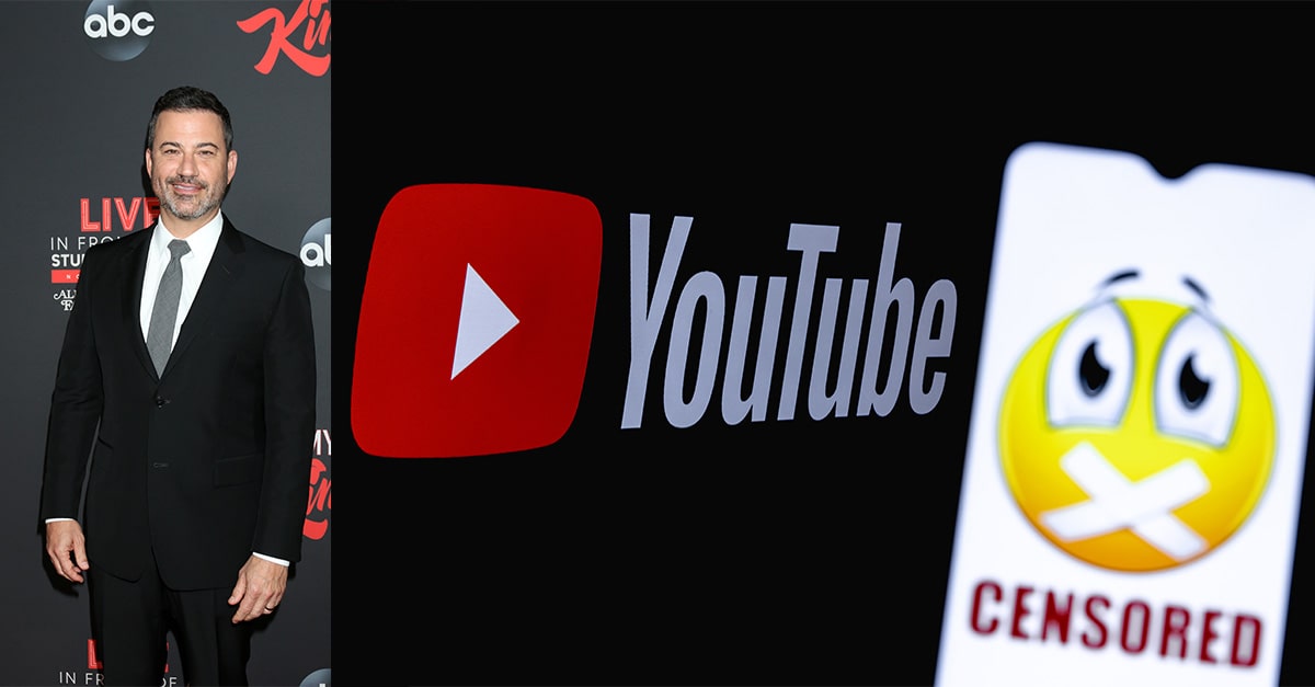 Jimmy Kimmel at an awards show and the symbol for YouTube overlaid with a smiley face being censored.