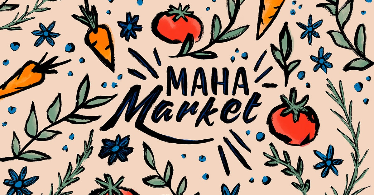 Promotional flyer for "MAHA Market" showing tomatoes, carrots, and other plants