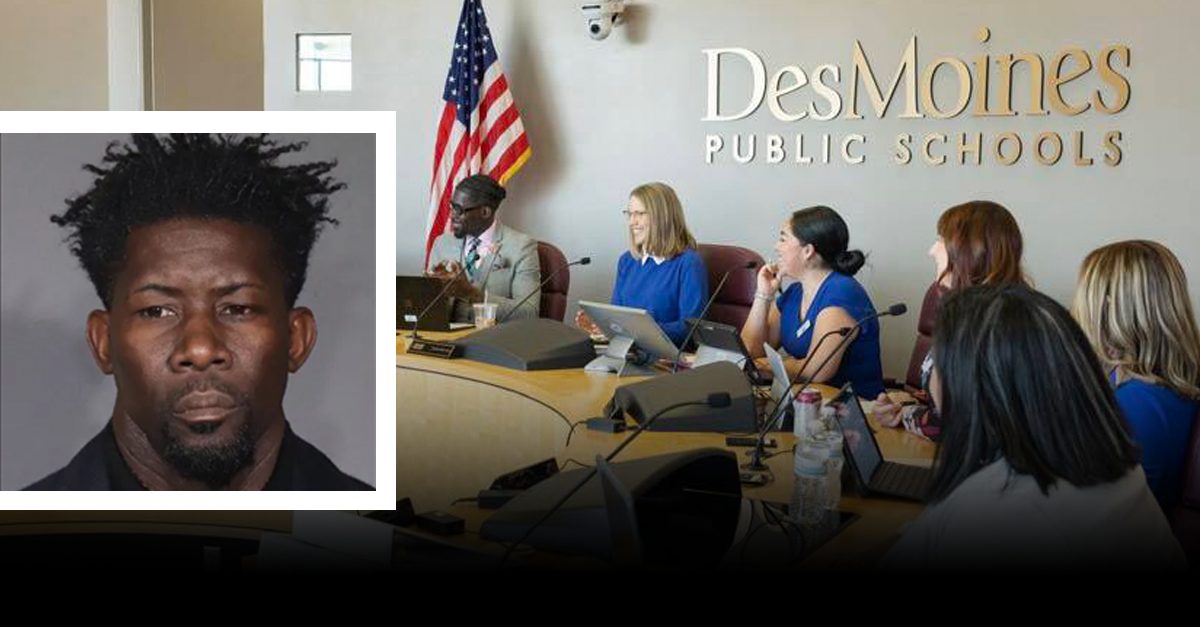 Ian Andre Roberts, a criminal alien originally from Guyana, is seen in his mugshot and with school board members at a board meeting in Des Moines, Iowa.
