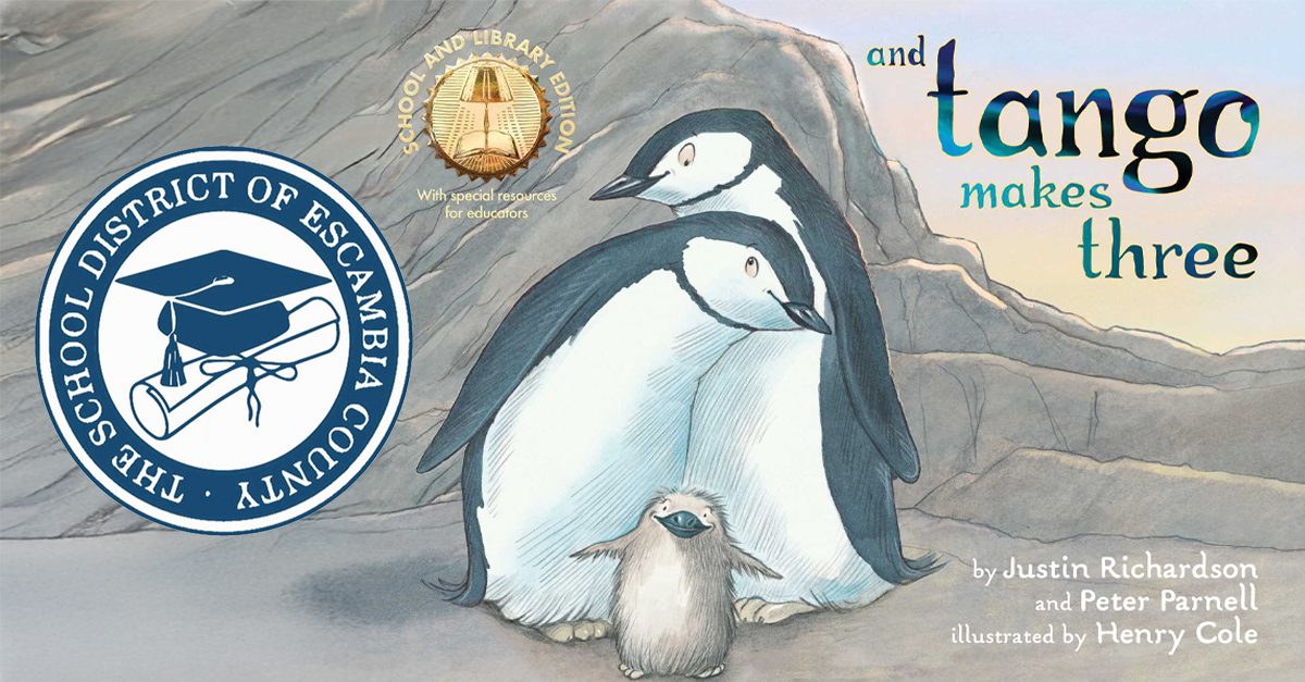 The logo of Escambia County School District and the cover of the LGBTQ-themed children's book And Tango Makes Three.