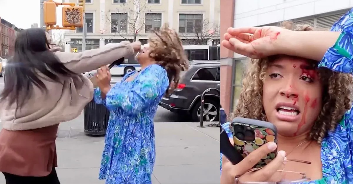 Screenshot from video shows Savannah Craven Antao being punched in the face while holding a microphone (left) and the immediate aftermath, which shows her eye and nose bloodied and a look of pain and fear on her face.