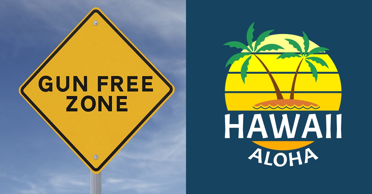 On left is sign reading "Gun Free Zone"; on right is graphic of Hawaii with palm trees and aloha welcome.