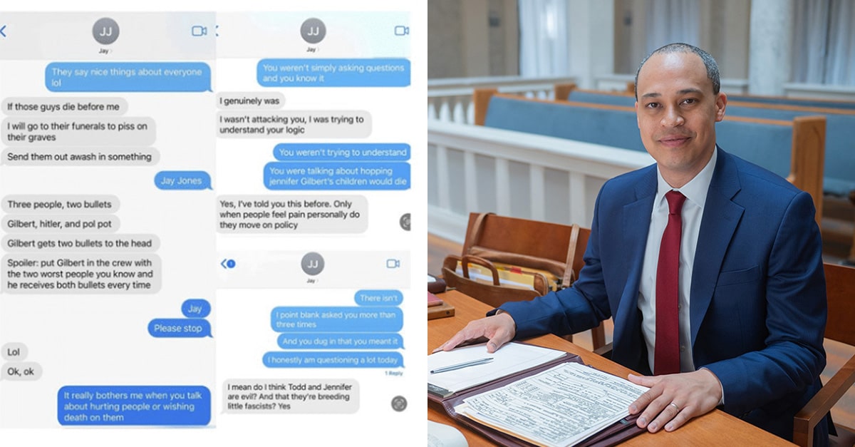 Left shows texts written by Virginia Attorney General candidate Jay Jones calling for "two bullets" for then Republican House Speaker Todd Gilbert, among other violent rhetoric; (Left) Jay Jones smiling at his desk.