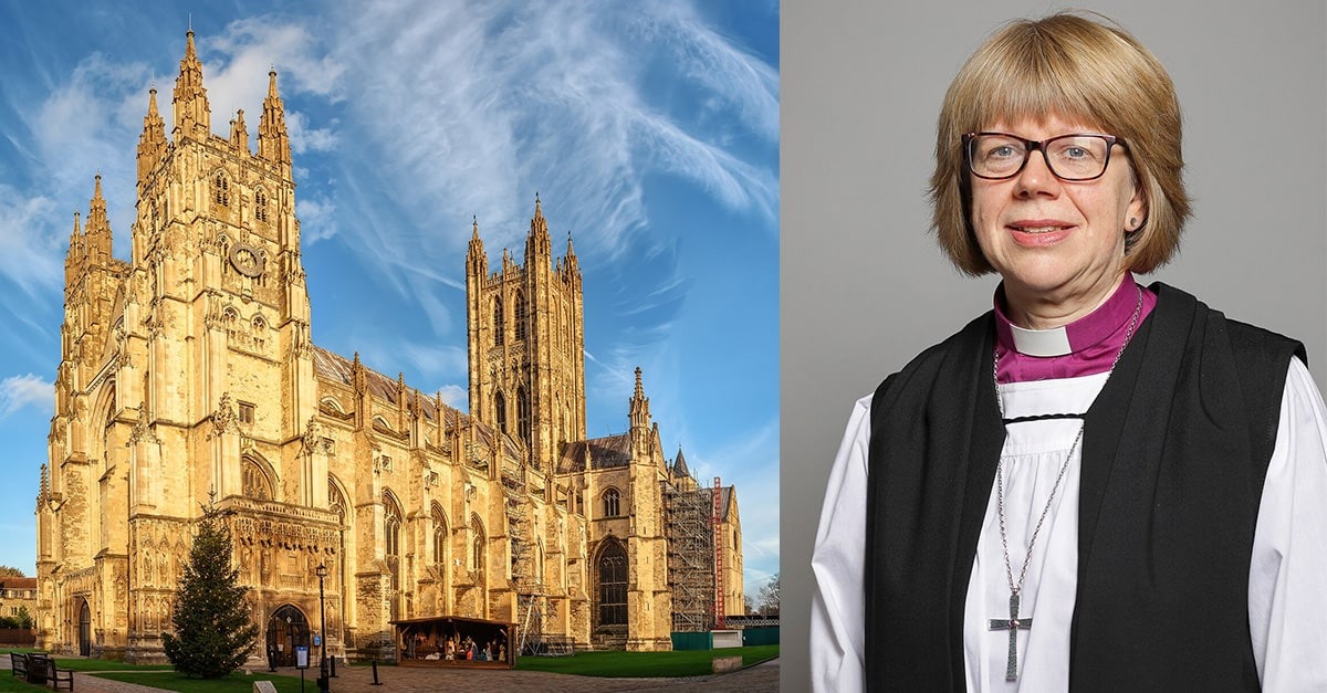 (Left) The stunning and massive Canterbury Cathedral on clear day; (Right) Sarah Mullally, the first female archbishop of Canterbury.