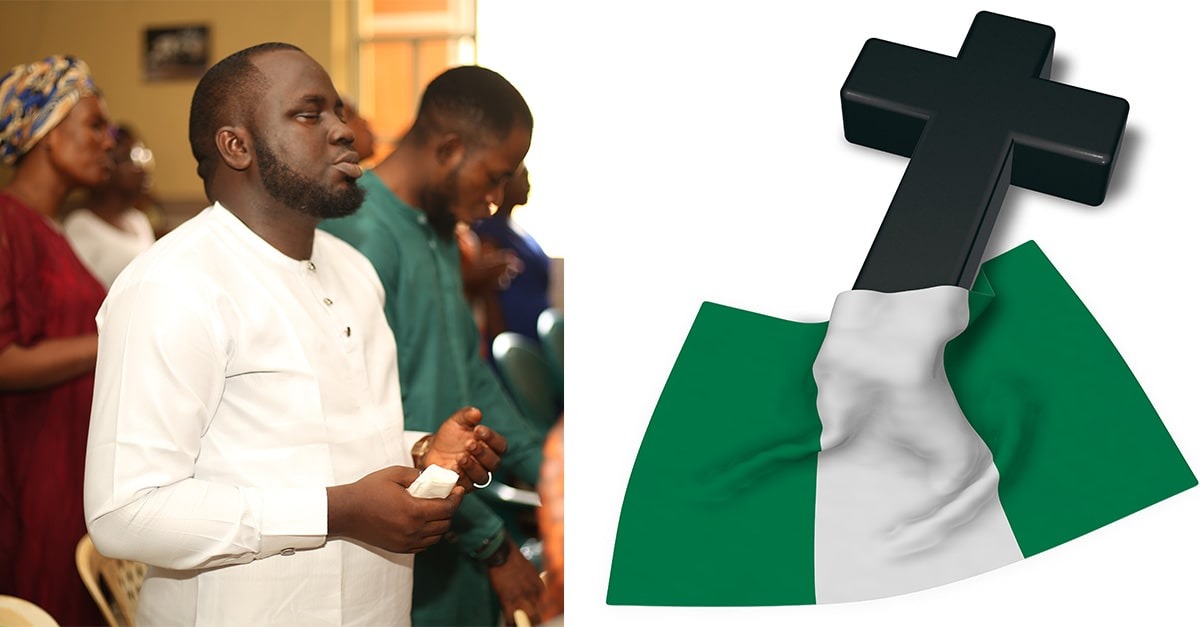 Christian men praying in Nigeria beside an image of a black cross draped with the Nigerian flag, symbolizing persecution and faith under fire.