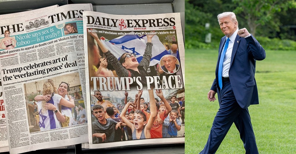 Front pages of The Times and Daily Express celebrate peace deals brokered by President Donald Trump, shown walking confidently on the White House lawn.