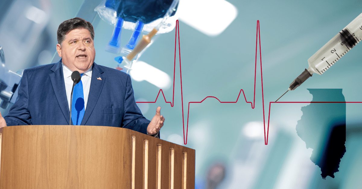 Illinois Gov. JB Pritzker, left, a IV bag, a heart monitor made to go straight by a syringe, and a map of Illinois.