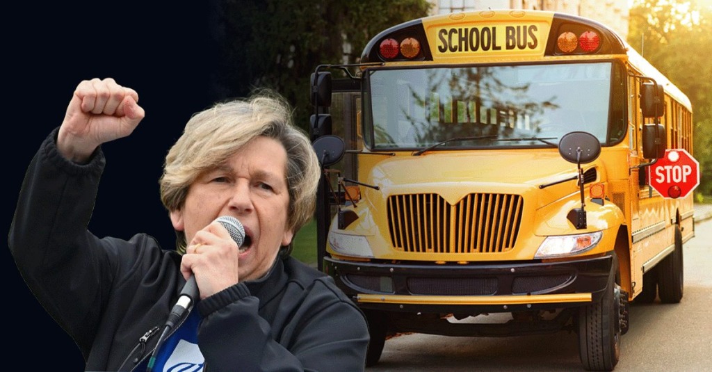 American Federation of Teachers President Randi Weingarten is seen holding up her fist and yelling at a "Hands-Off!" anti-Trump rally (left) and a photo of a school bus (right)