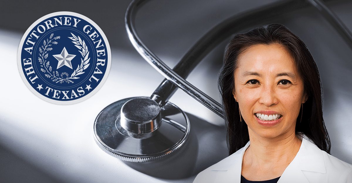Photo showing the logo of the Texas Attorney General's Office and Dr. Mary Lau against the backdrop of a stethoscope.