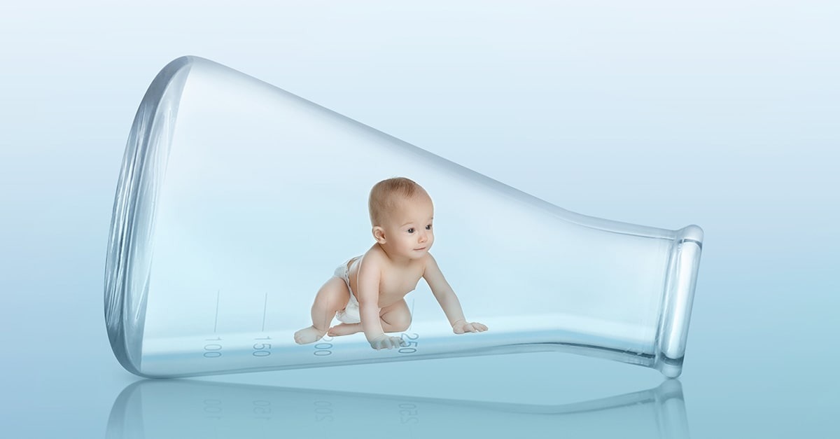 A baby crawls out of a test tube in a lab