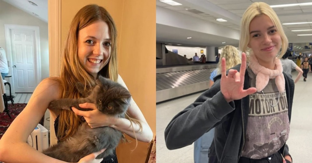 (Left) Bethany MaGee holding the family cat; (right) Iryna Zarutska flashes an "I love you" sign in an airport.