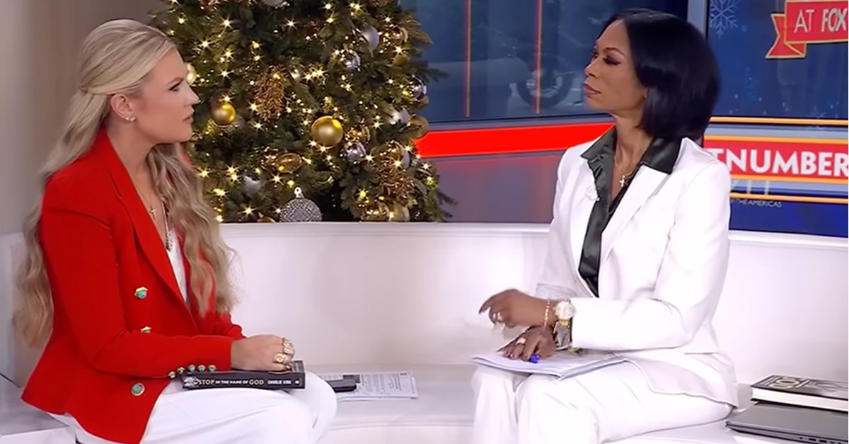 Erika Kirk speaks with Fox News anchor Harris Faulkner while holding her late husband's new book, "Stop, in the Name of God."