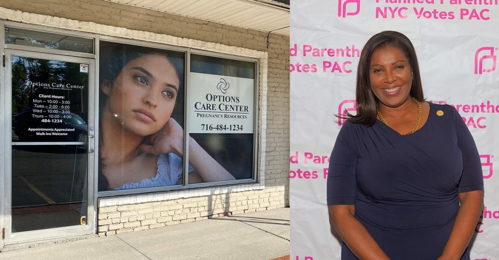 The storefront of pregnancy center Options Care Center in Jamestown, New York,(left) and New York Attorney General Letitia James poses for the cameras in front of a wall advertising Planned Parenthood (left).